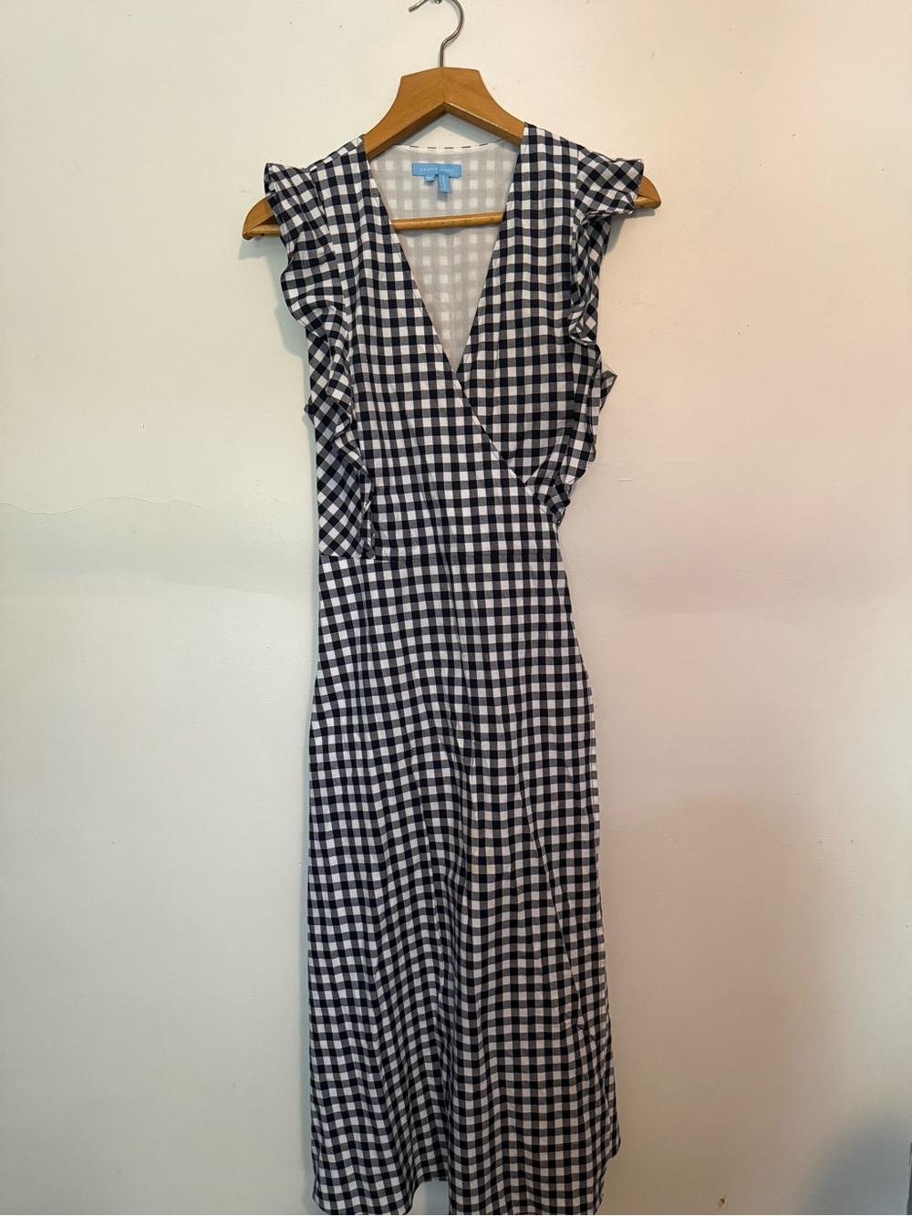 Draper James Black and White Gingham Maxi Wrap Dress with Ruffle Trim EUC